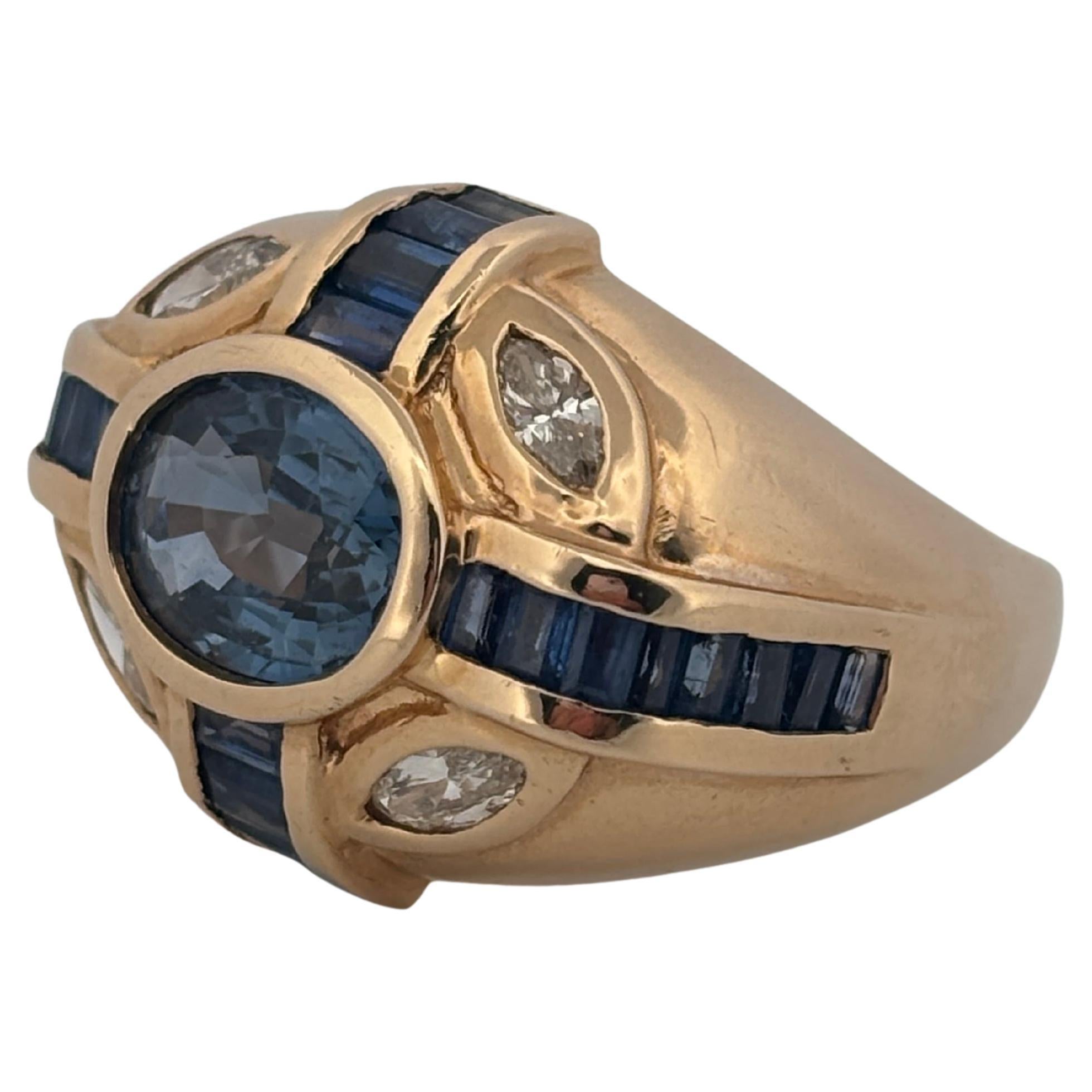 Men's Blue Sapphire 14K Yellow Gold 2.00 Carat Center & 1.40 Carat Diamond + Sapphire For Sale