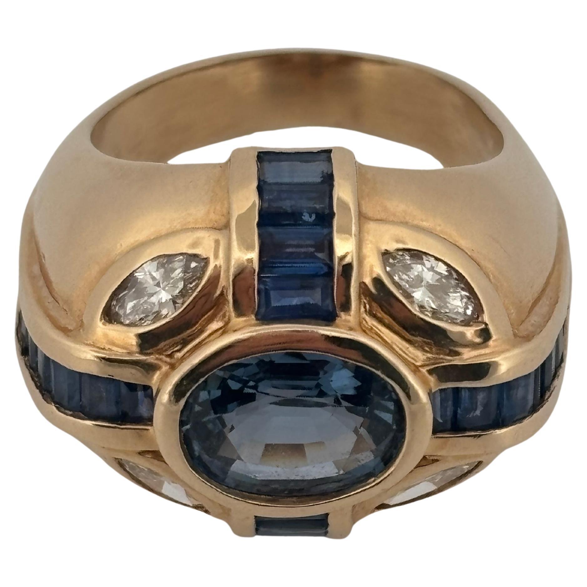 Oval Cut Blue Sapphire 14K Yellow Gold 2.00 Carat Center & 1.40 Carat Diamond + Sapphire For Sale