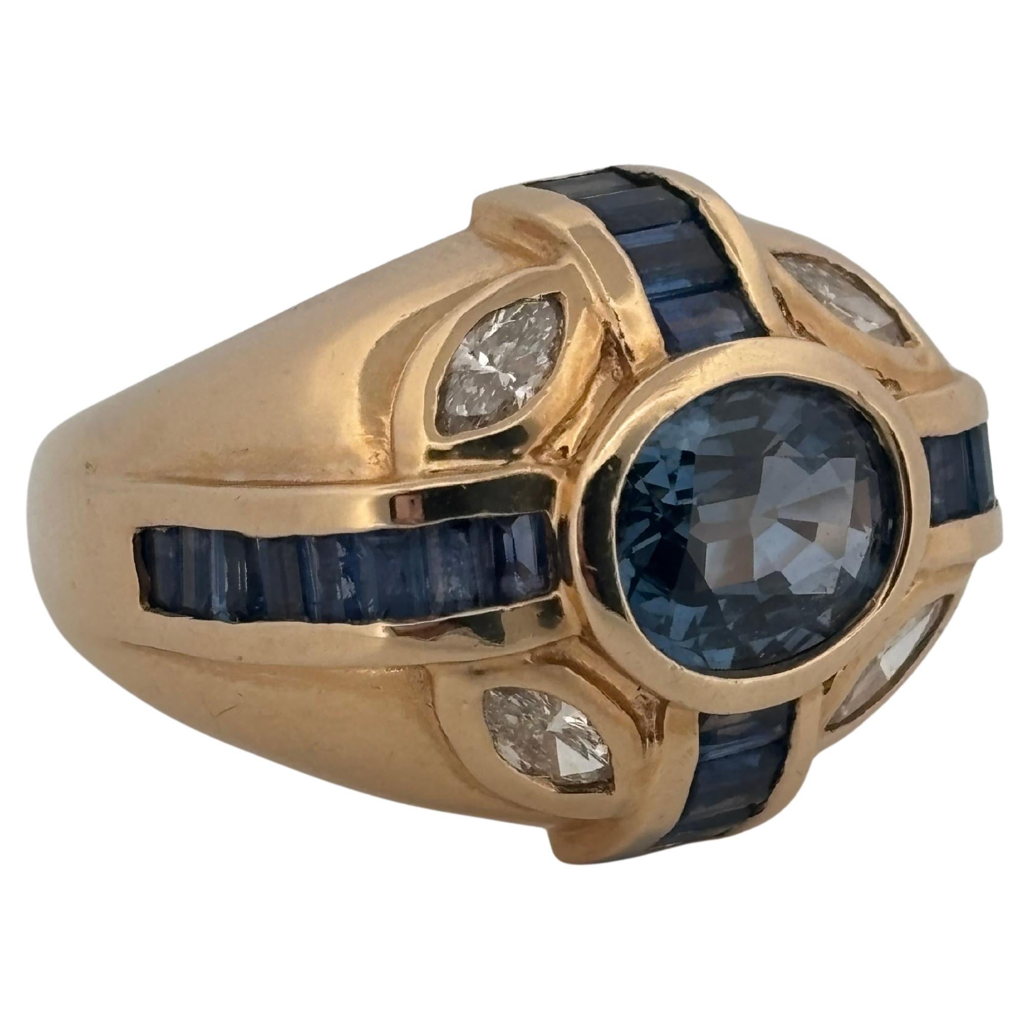 Retro Blue Sapphire 14K Yellow Gold 2.00 Carat Center & 1.40 Carat Diamond + Sapphire For Sale