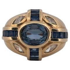 14K Gelbgold 2,00 Karat Zentrum blauer Saphir & 1,40 Karat Diamant + Saphir