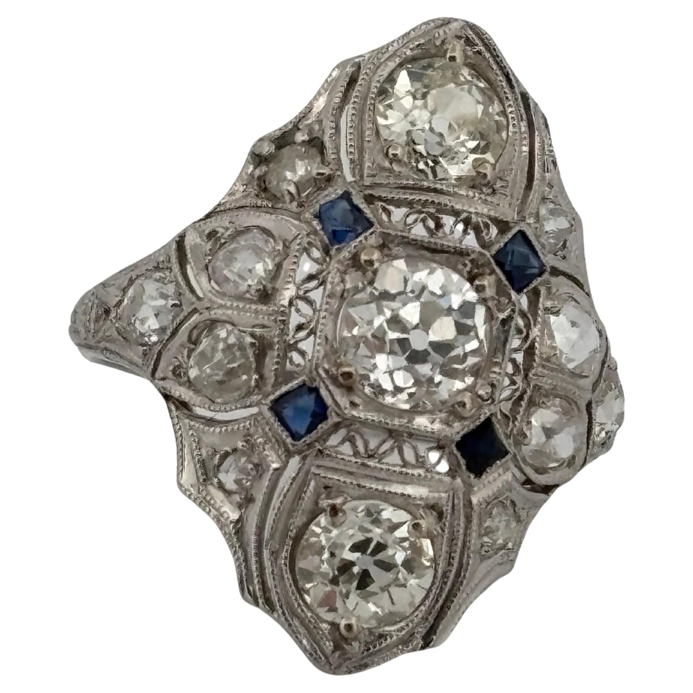 Women's 1920's Antique Platinum Filigree 2.02ctw I-J SI2-I2 Diamond & Sapphire Ring For Sale