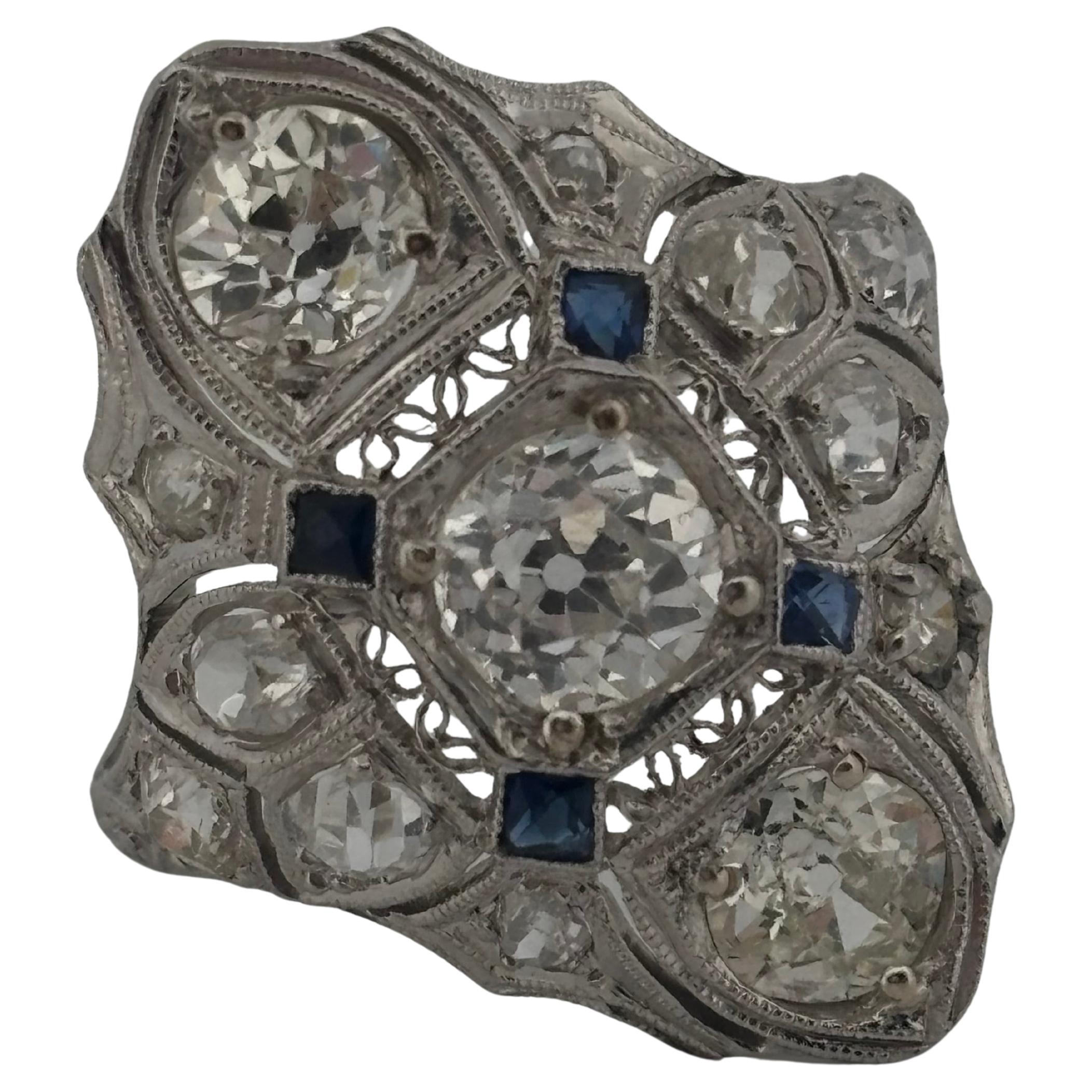 1920's Antique Platinum Filigree 2.02ctw I-J SI2-I2 Diamond & Sapphire Ring In Good Condition For Sale In Sewickley, PA