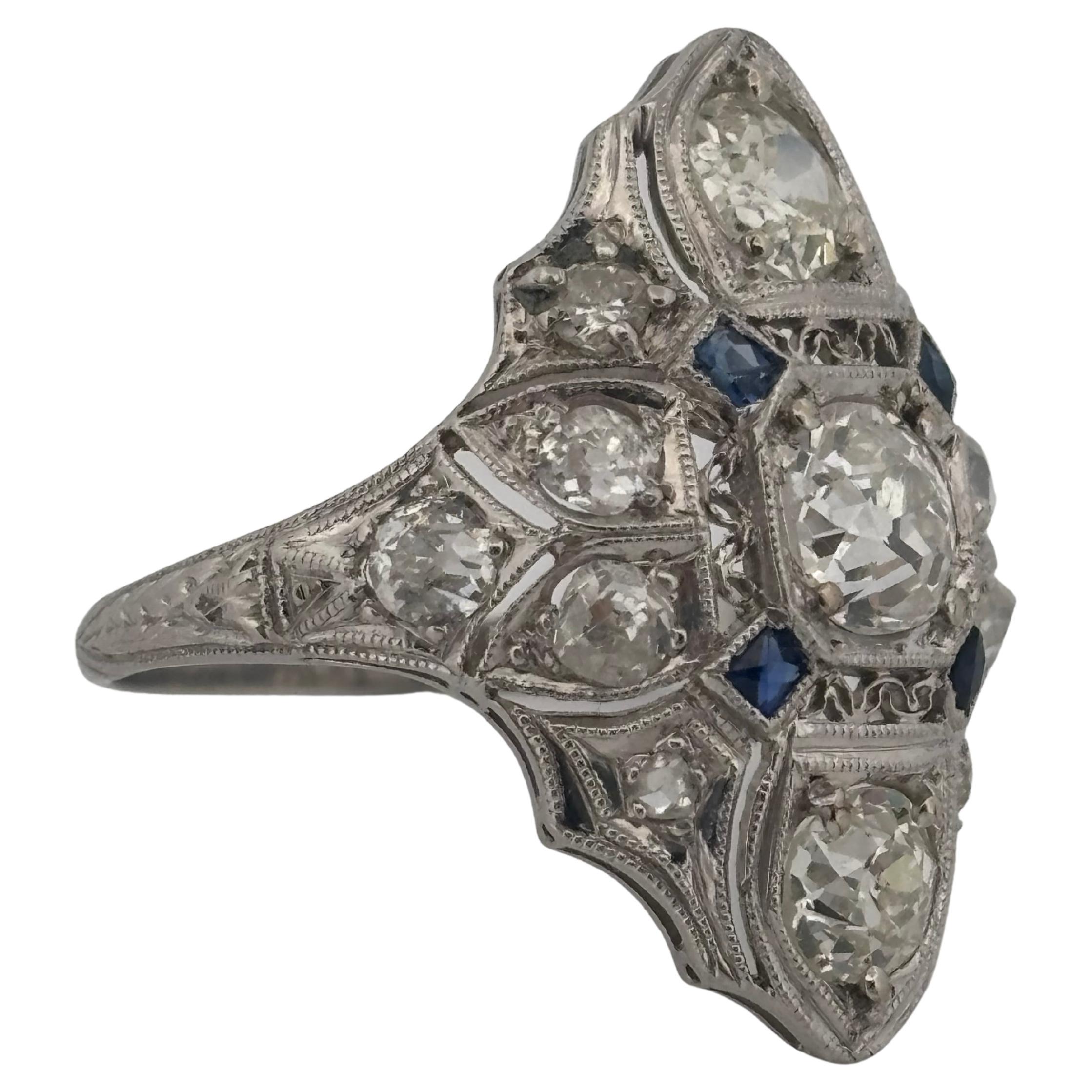 Old European Cut 1920's Antique Platinum Filigree 2.02ctw I-J SI2-I2 Diamond & Sapphire Ring For Sale