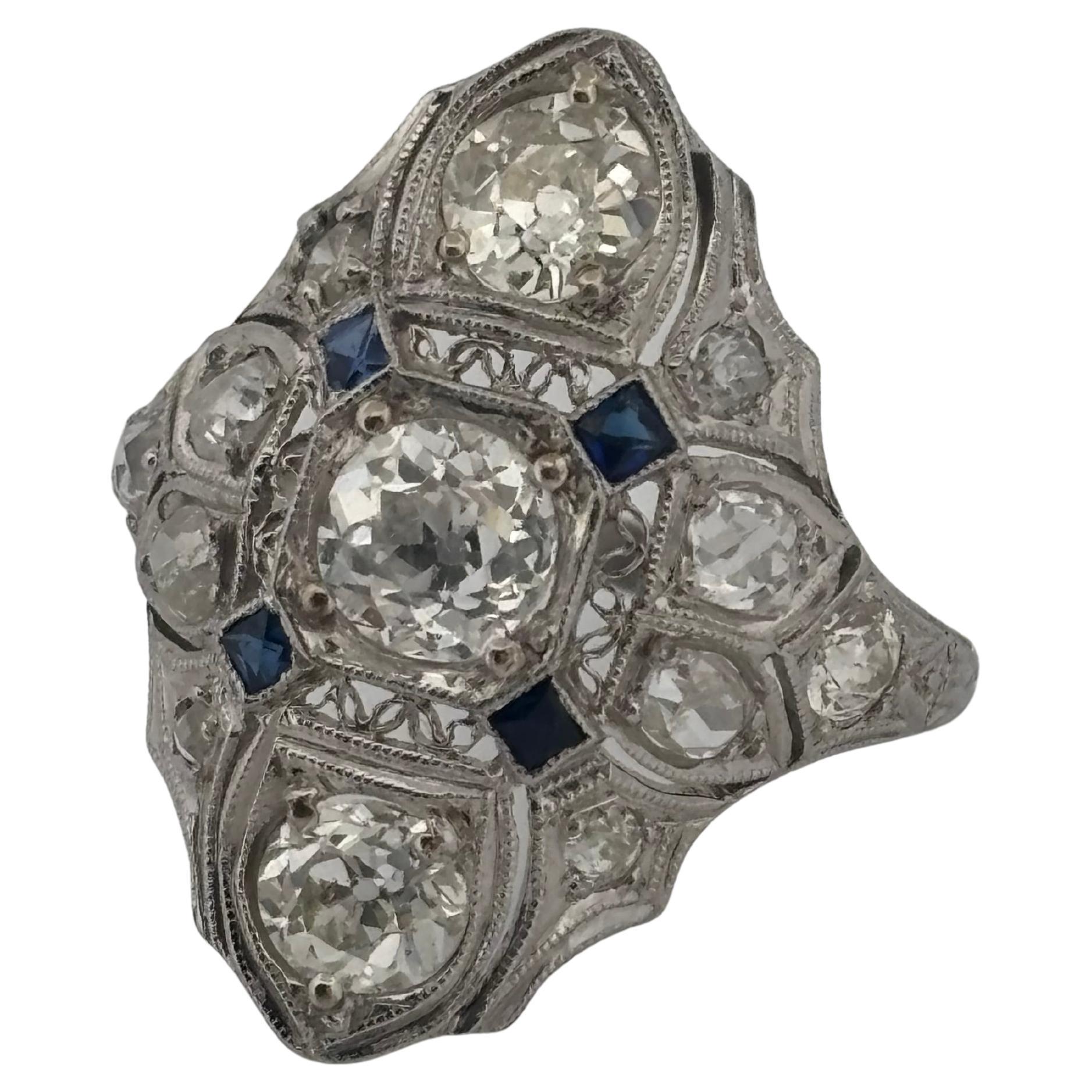 Art Deco 1920's Antique Platinum Filigree 2.02ctw I-J SI2-I2 Diamond & Sapphire Ring For Sale