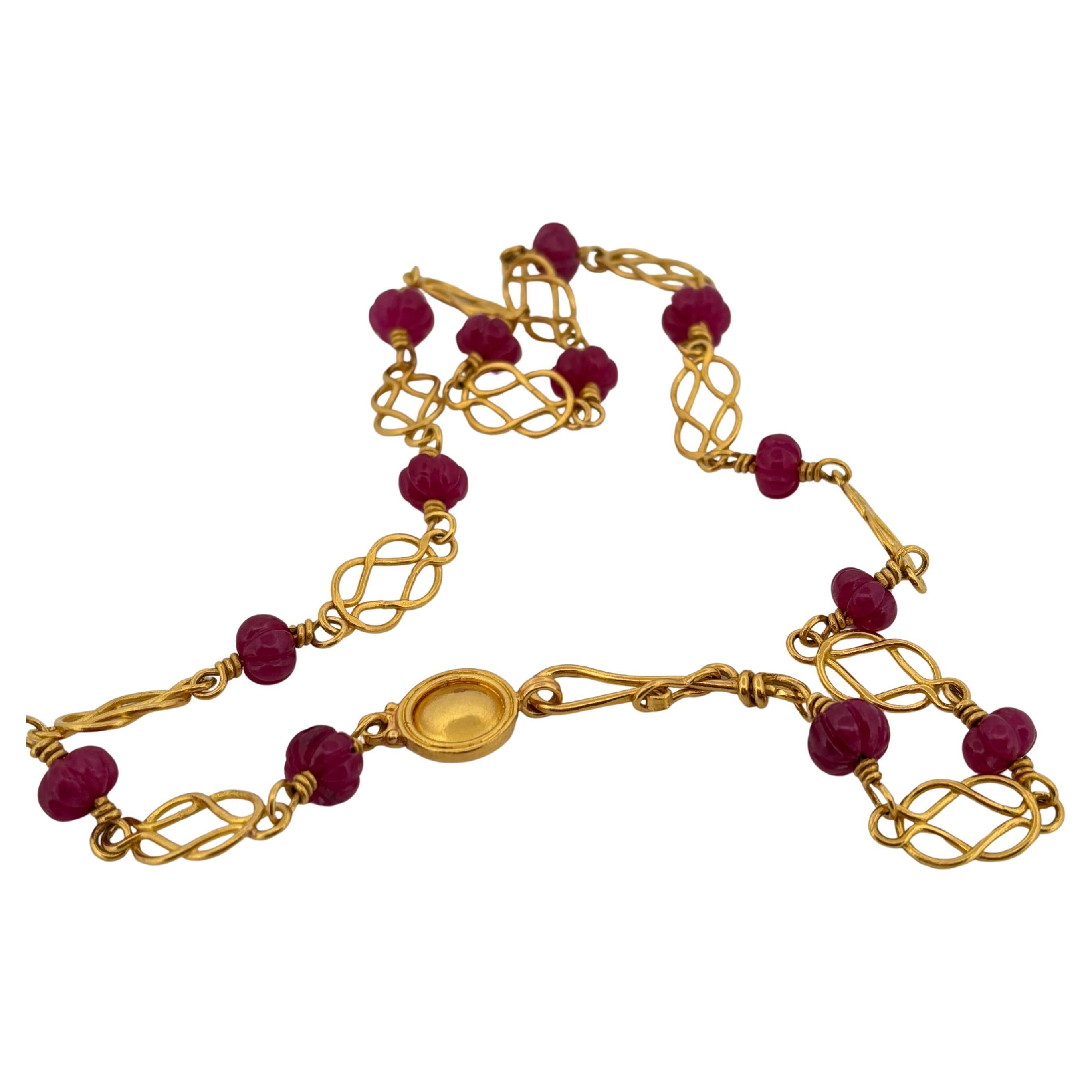 Artisan Bessie Jamieson 22K Yellow Gold Multi Carved Ruby Fine Necklace 16 Inch For Sale