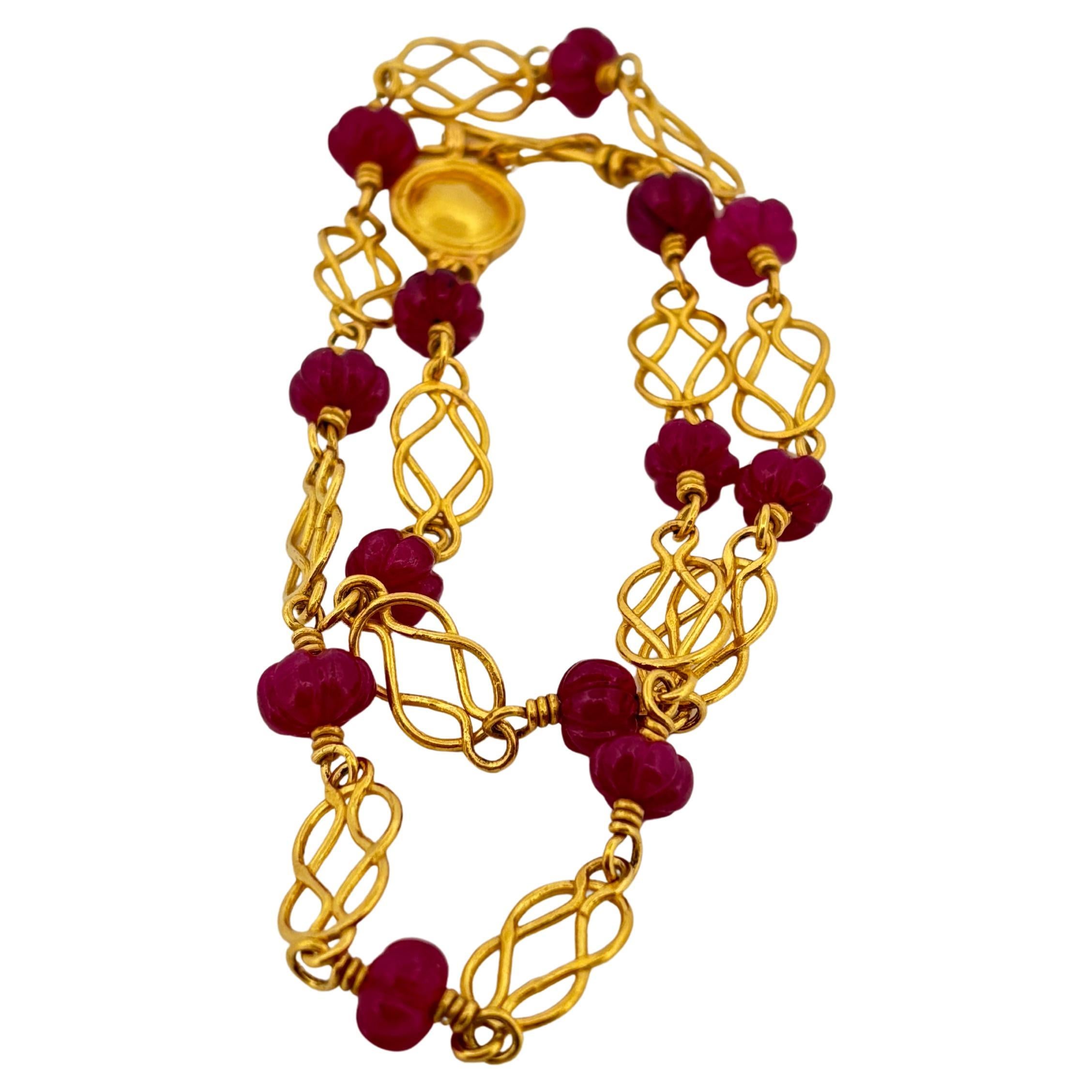 Bead Bessie Jamieson 22K Yellow Gold Multi Carved Ruby Fine Necklace 16 Inch For Sale