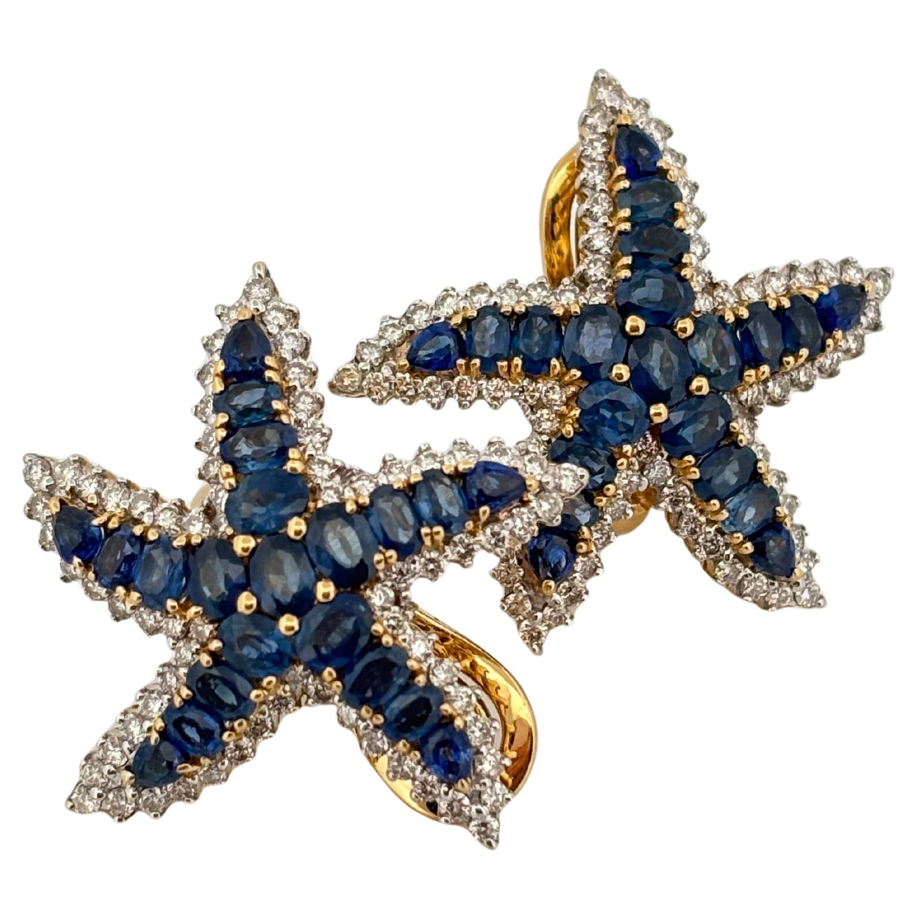 Women's or Men's Starfish 18K Yellow Gold 6.60 Carat Sapphire 1.50 Carat Diamond Clip On Earrings For Sale