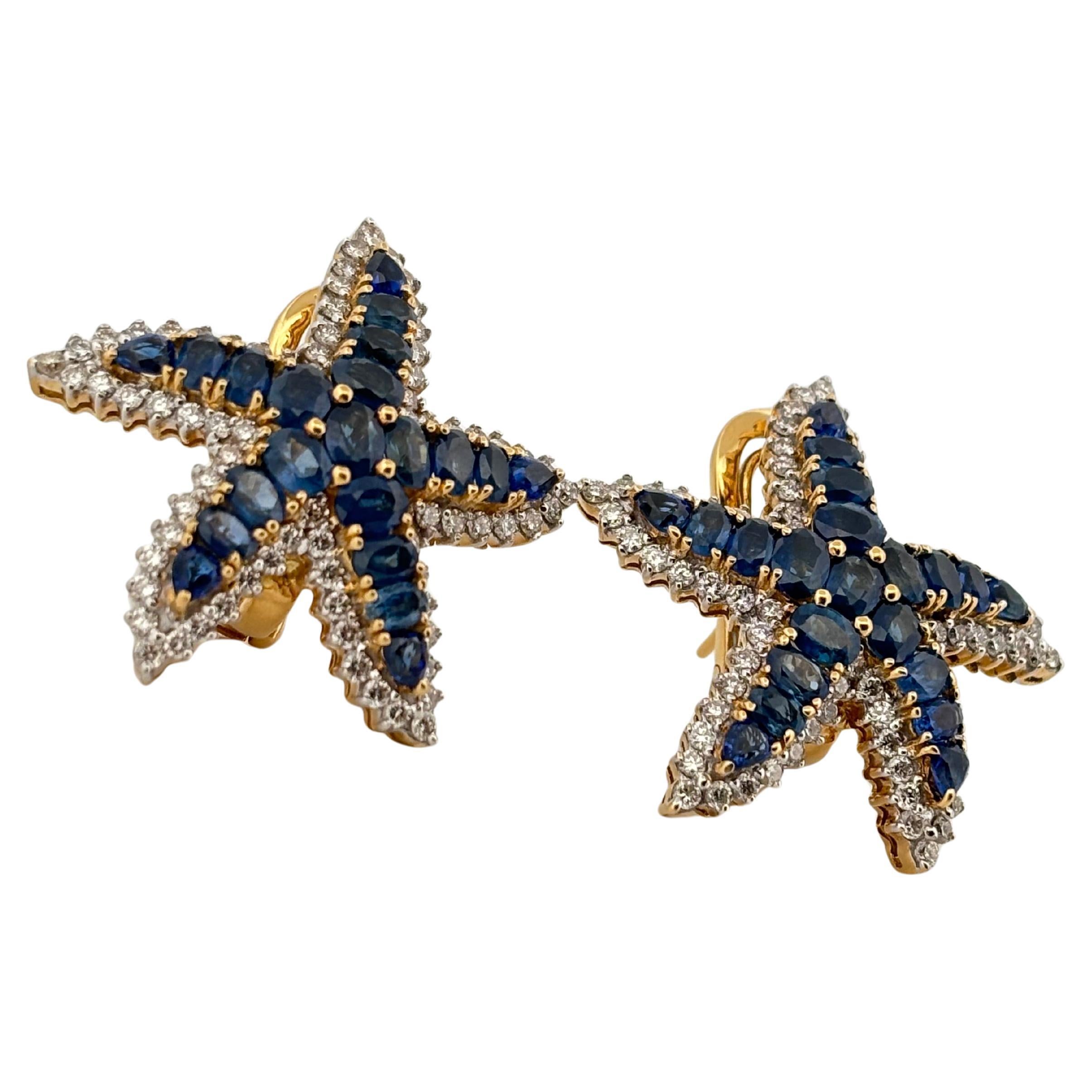 Oval Cut Starfish 18K Yellow Gold 6.60 Carat Sapphire 1.50 Carat Diamond Clip On Earrings For Sale