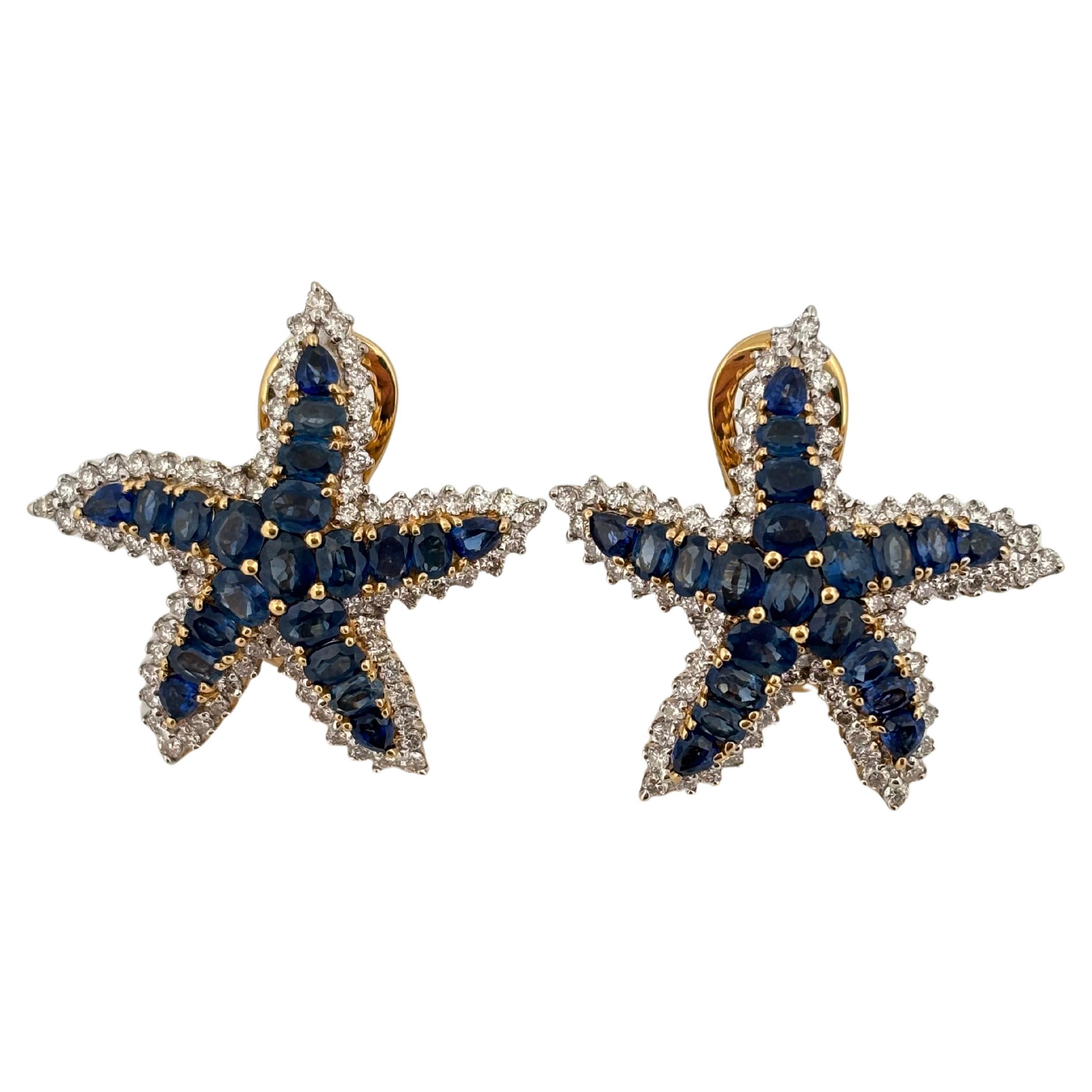 These enchanting starfish earrings are crafted in luxurious 18K yellow gold and set with 6.60 carats of richly hued blue sapphires. Each arm of the starfish sparkles with meticulously matched oval and round sapphires, radiating a deep oceanic