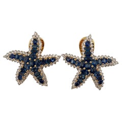 Starfish 18K Yellow Gold 6.60 Carat Sapphire 1.50 Carat Diamond Clip On Earrings