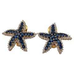 Pendientes de oro amarillo de 18 quilates con zafiro de 6,60 quilates y diamante de 1,50 quilates, en forma de estrella de mar