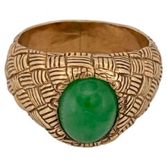 Weaved Basket Texture 14K Yellow Gold Green Jade Ring