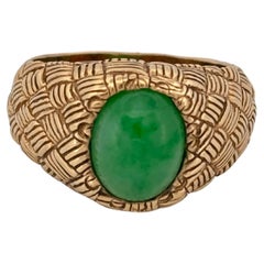 Bague en or jaune 14K à motif de panier tressé en jade vert