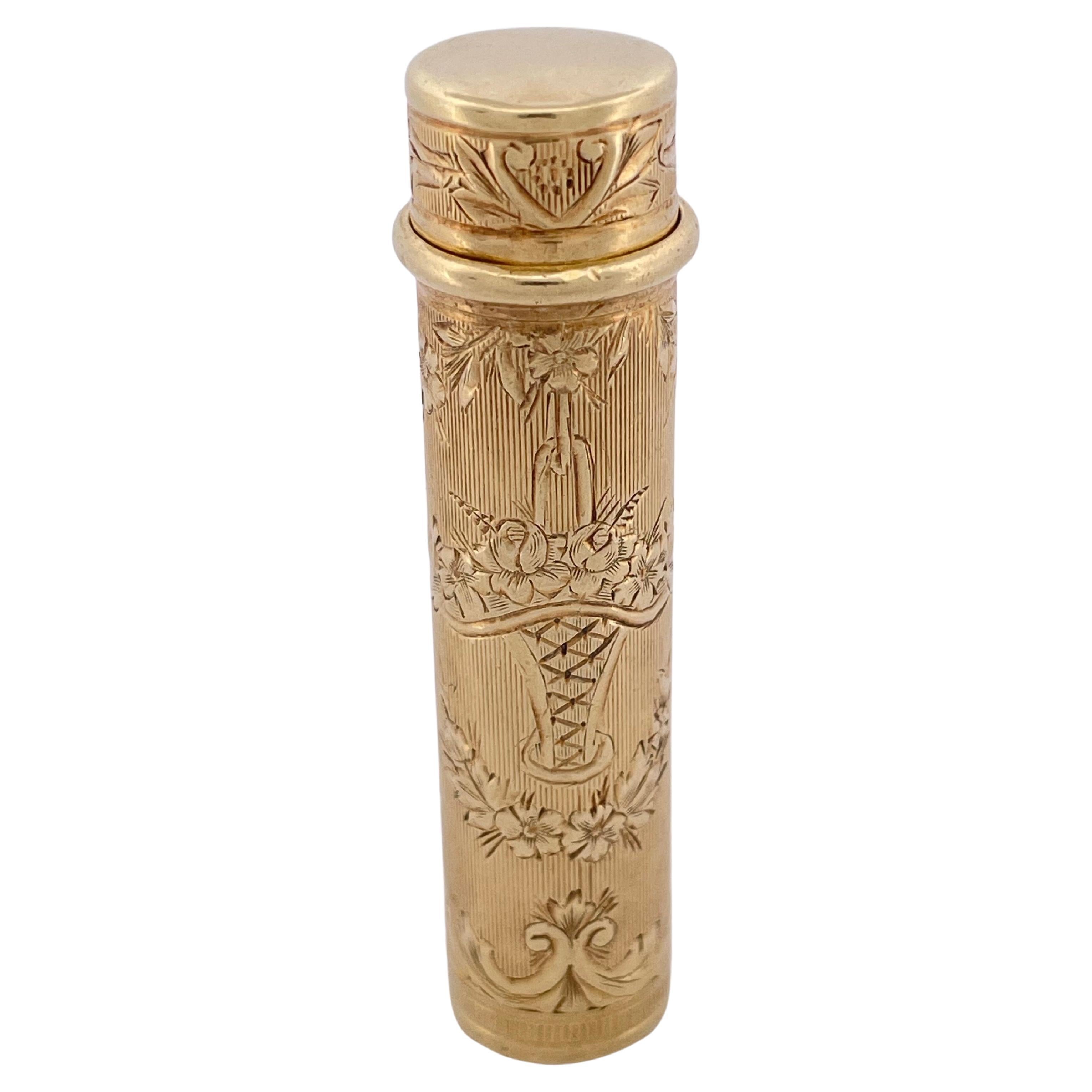 14k Yellow Gold Antique Lipstick Holder For Sale