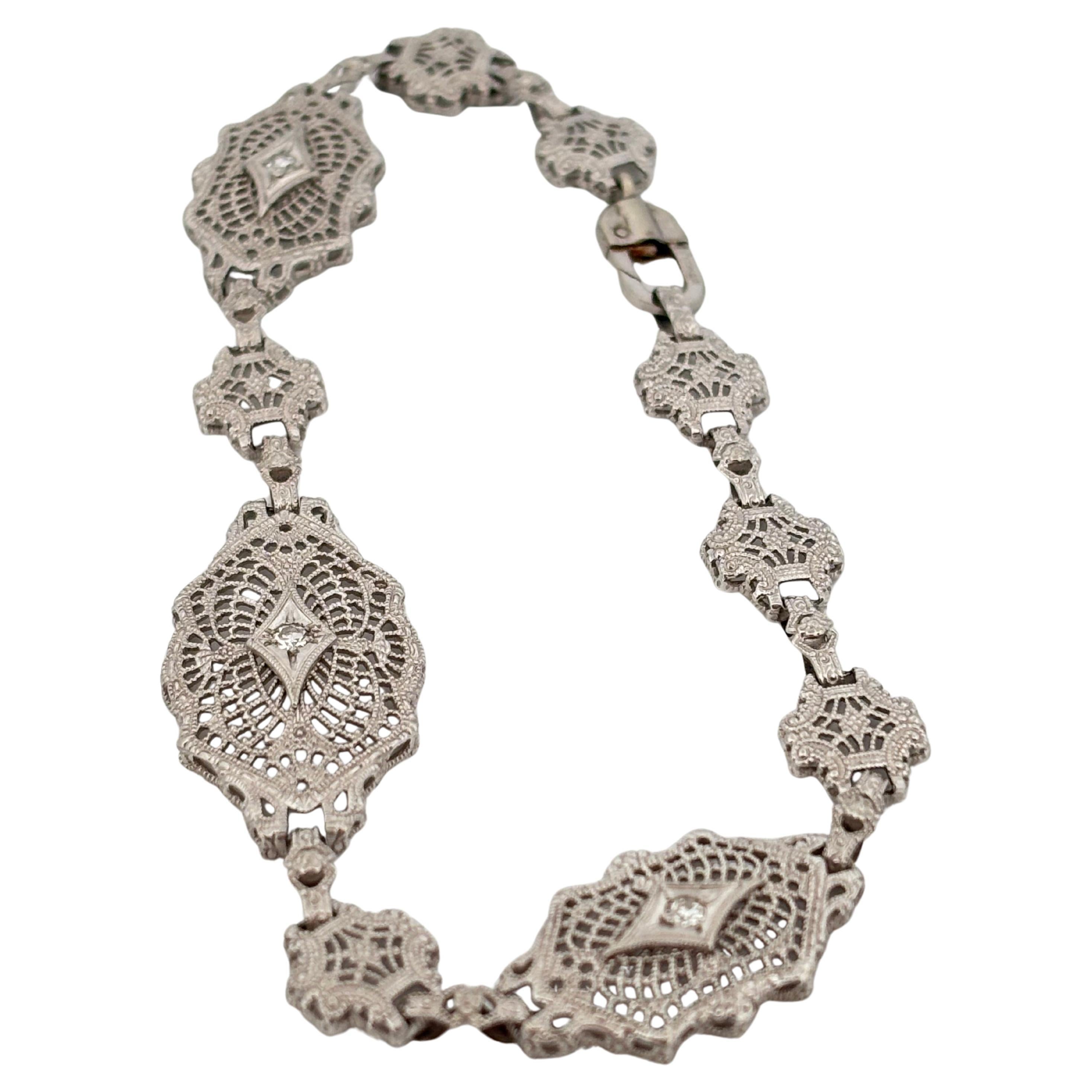 Round Cut Esemco 10K White Gold 0.15 Carat Diamond Filigree Bracelet For Sale