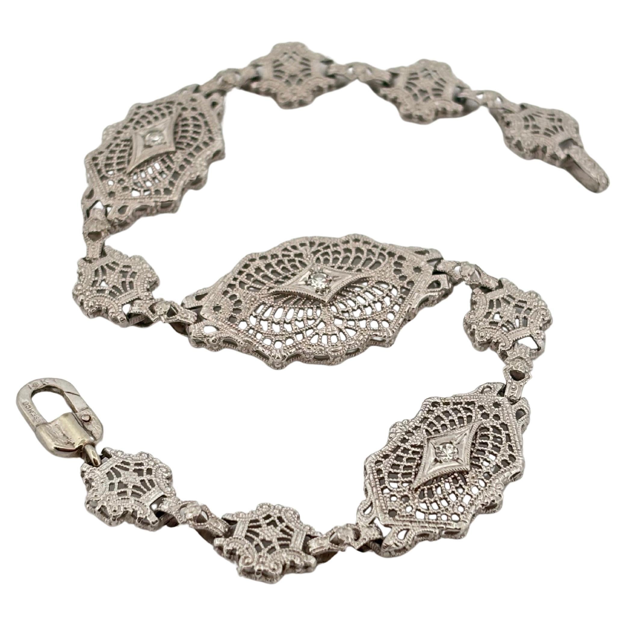 Art Deco Esemco 10K White Gold 0.15 Carat Diamond Filigree Bracelet For Sale