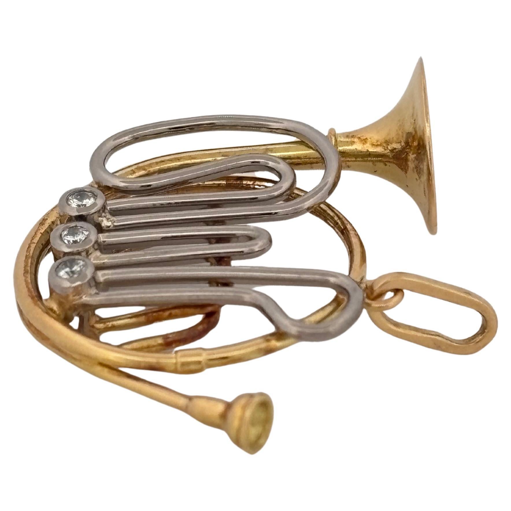 Round Cut French Horn 18K Yellow Gold & Platinum 0.09 Carat Diamond Pendant For Sale