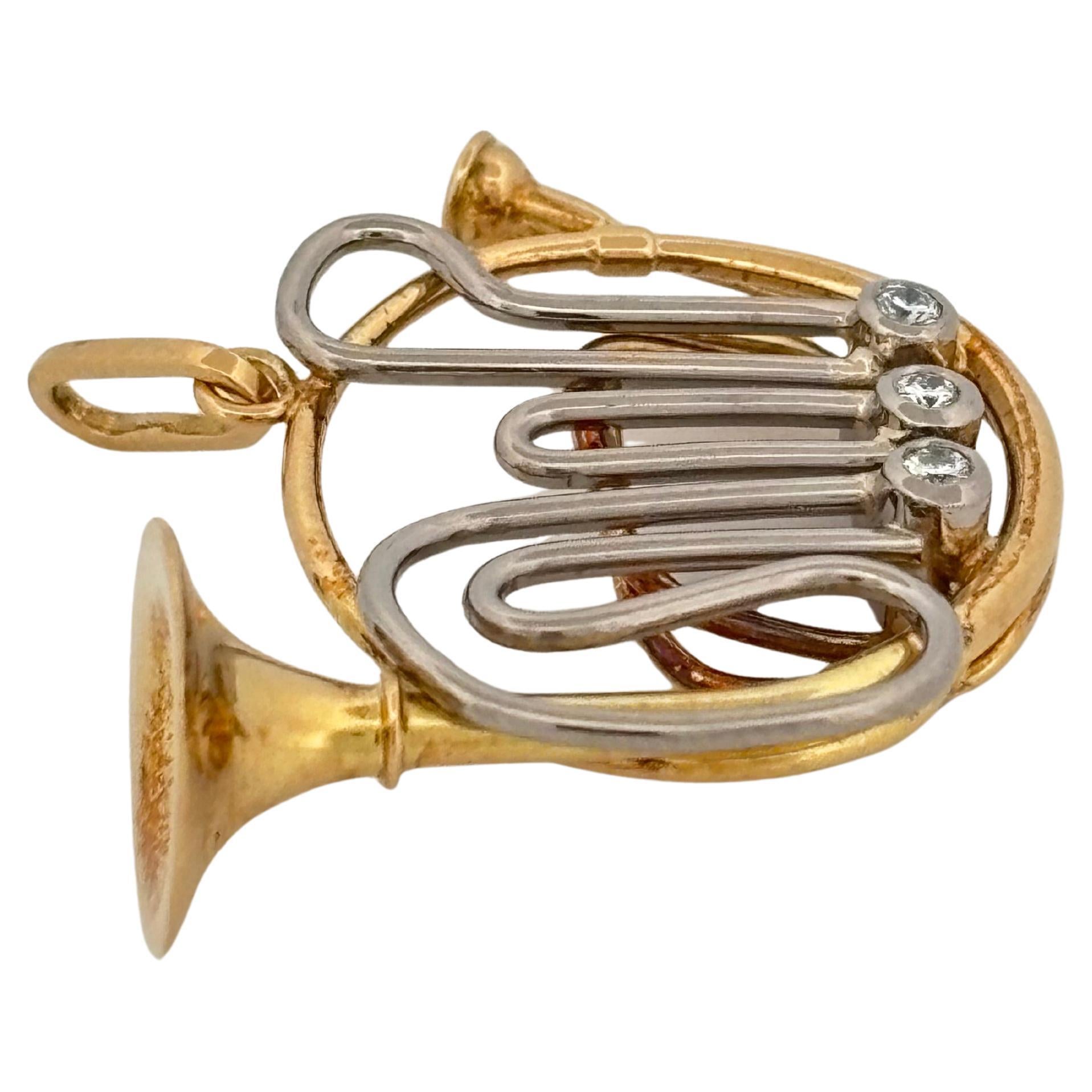 Baroque French Horn 18K Yellow Gold & Platinum 0.09 Carat Diamond Pendant For Sale
