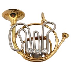 18K Yellow Gold & Platinum 0.09 Carat Diamond French Horn Pendant