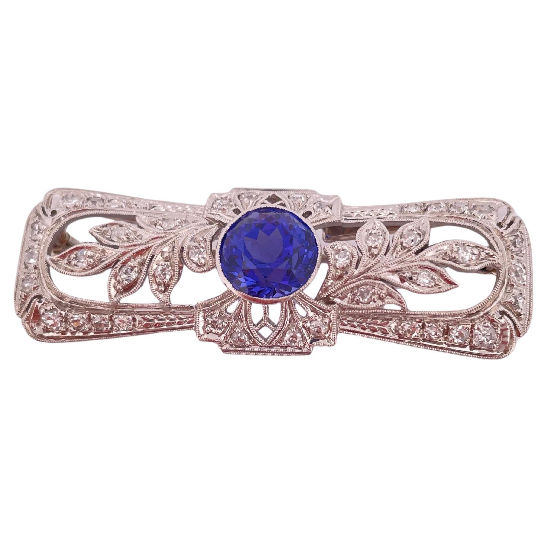 4.00ctw Tanzanite 
1.20ctw Diamond Pin/Pendant 14K White Gold Filigree For Sale