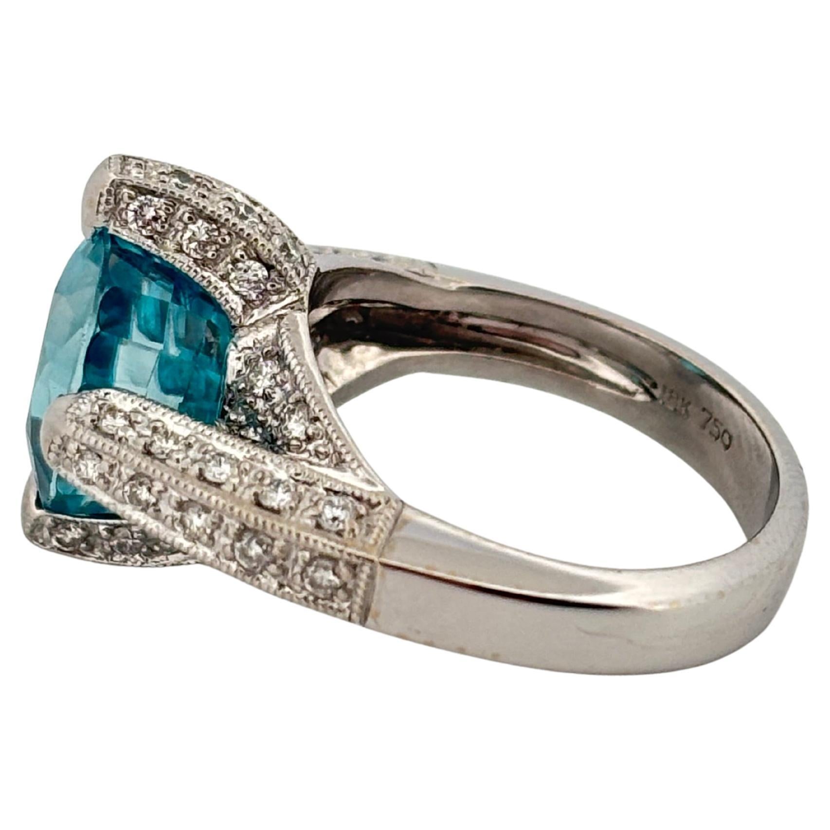 18K White Gold 7.00 Carat Blue Zircon 1.10ctw H-I SI1 Natural Diamond Ring For Sale 4