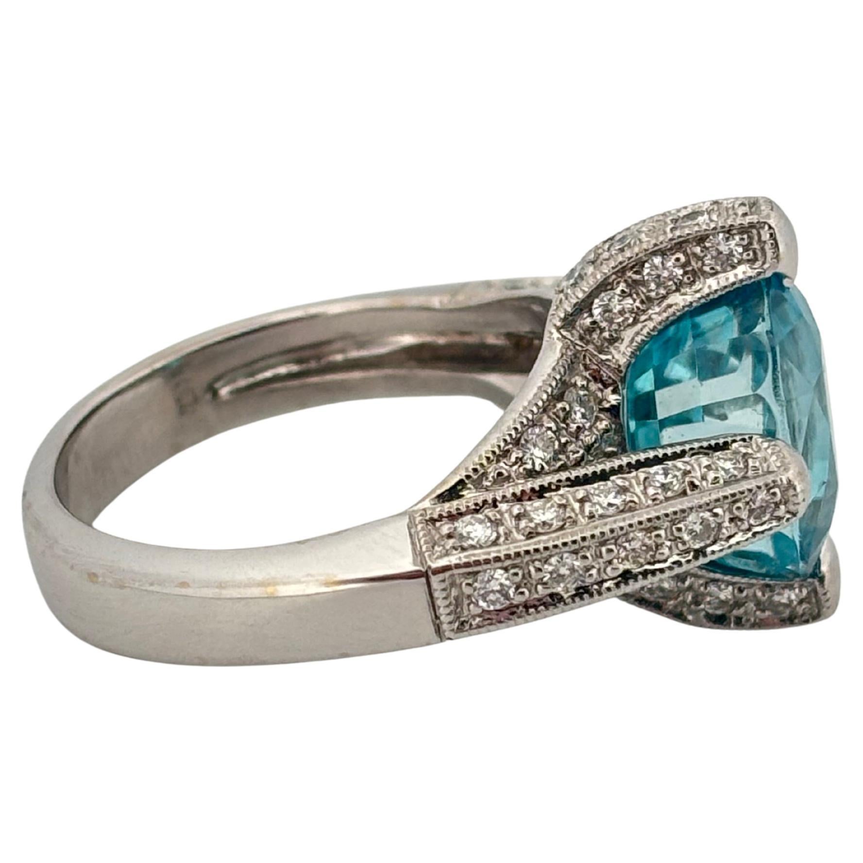 18K White Gold 7.00 Carat Blue Zircon 1.10ctw H-I SI1 Natural Diamond Ring For Sale 2