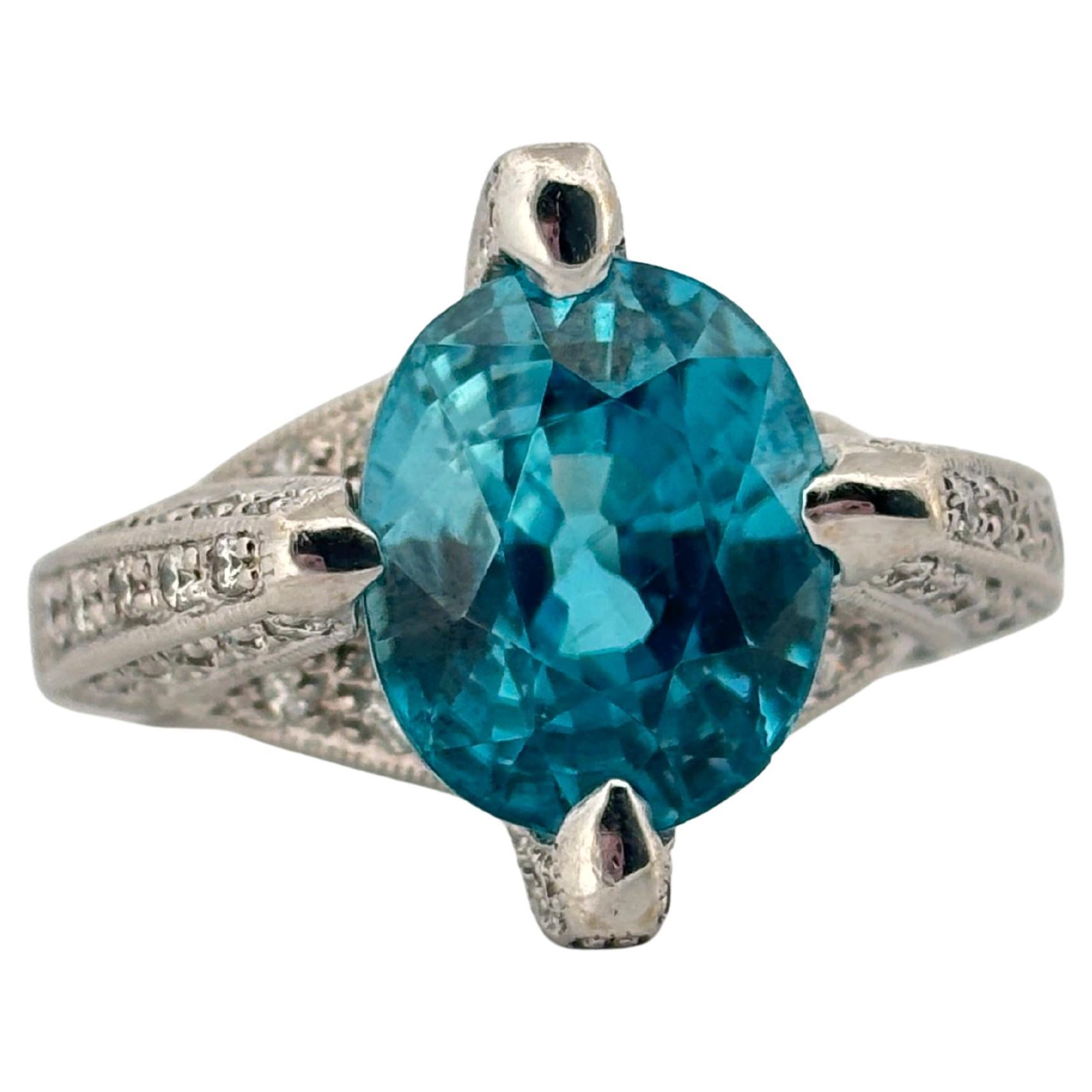 18K White Gold 7.00 Carat Blue Zircon 1.10ctw H-I SI1 Natural Diamond Ring For Sale 1