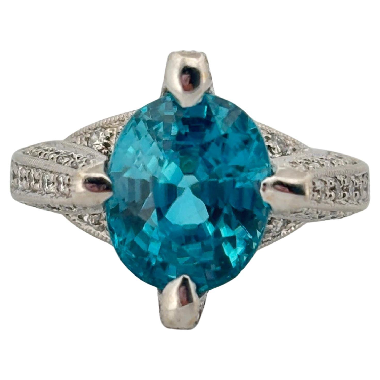 Women's or Men's 18K White Gold 7.00 Carat Blue Zircon 1.10ctw H-I SI1 Natural Diamond Ring For Sale