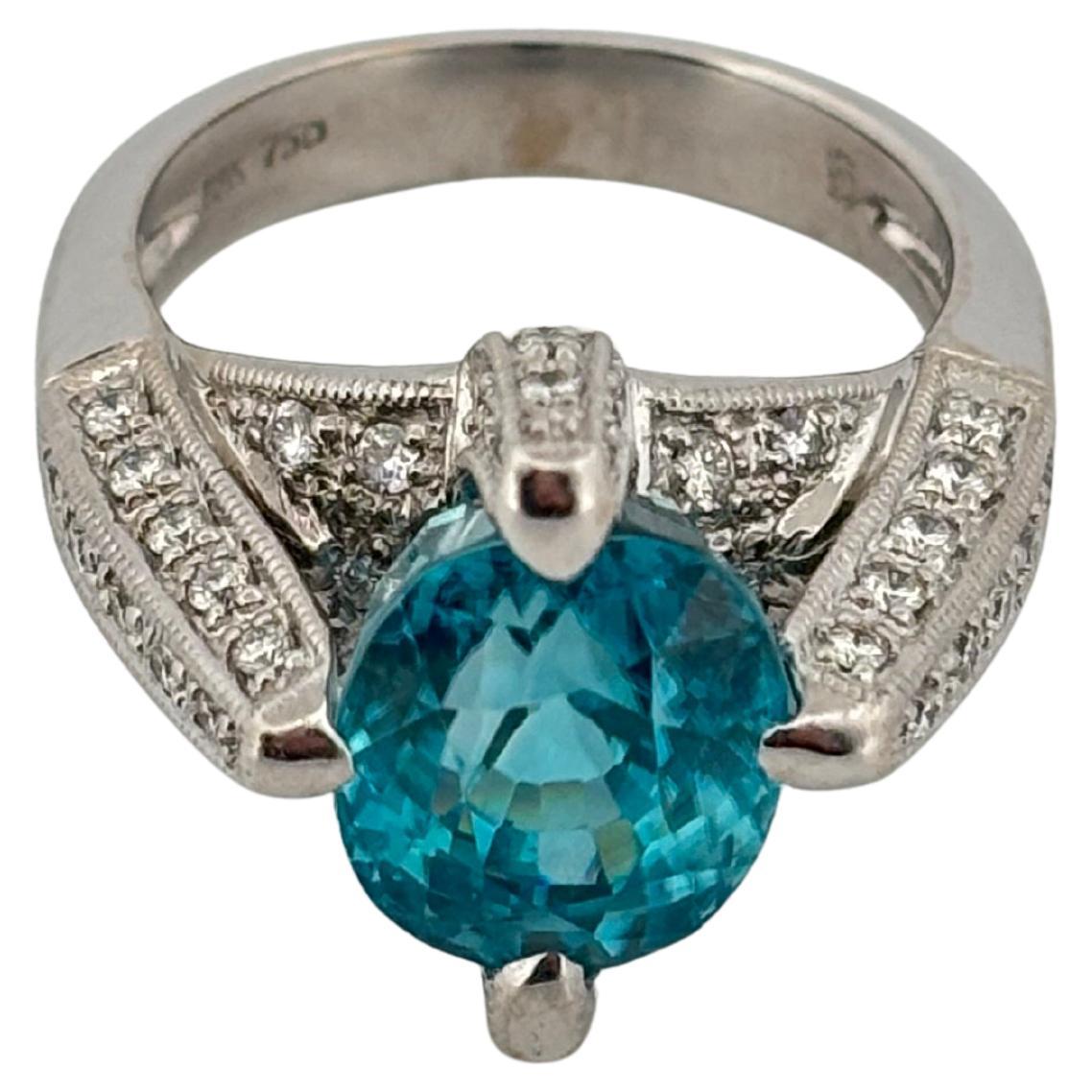 18K White Gold 7.00 Carat Blue Zircon 1.10ctw H-I SI1 Natural Diamond Ring In Good Condition For Sale In Sewickley, PA