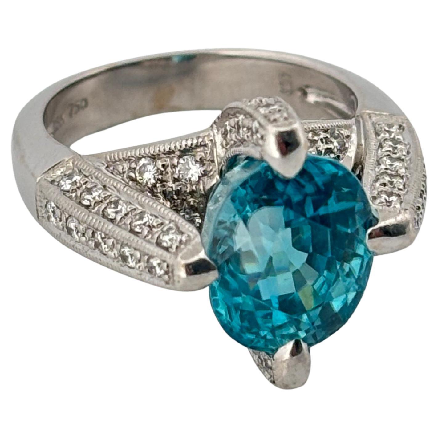 Modernist 18K White Gold 7.00 Carat Blue Zircon 1.10ctw H-I SI1 Natural Diamond Ring For Sale