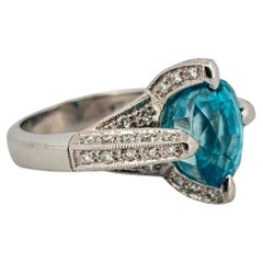 18K White Gold 7.00 Carat Blue Zircon 1.10ctw H-I SI1 Natural Diamond Ring