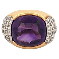 18K Gelbgold & Platin 6,80 Karat Cabochon Amethyst 0,40 Karat Diamant Ring