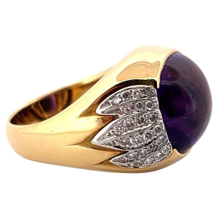 Bague en or jaune 18 carats et platine Améthyste cabochon 6,80 carats 0,40 carat Diamant en vente 4