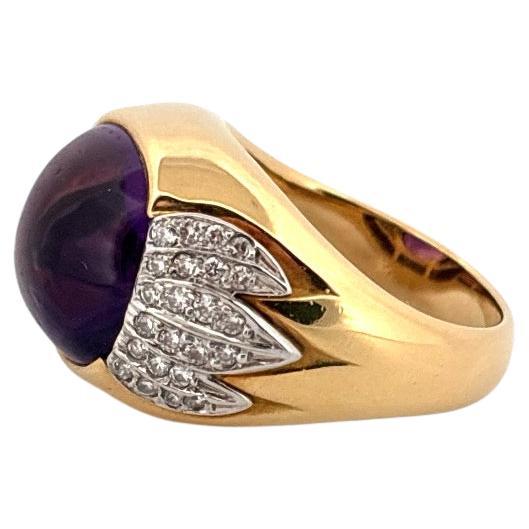 Bague en or jaune 18 carats et platine Améthyste cabochon 6,80 carats 0,40 carat Diamant en vente 3