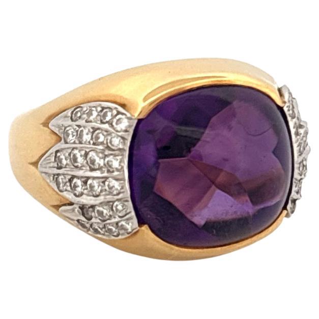 Bague en or jaune 18 carats et platine Améthyste cabochon 6,80 carats 0,40 carat Diamant Bon état - En vente à Sewickley, PA