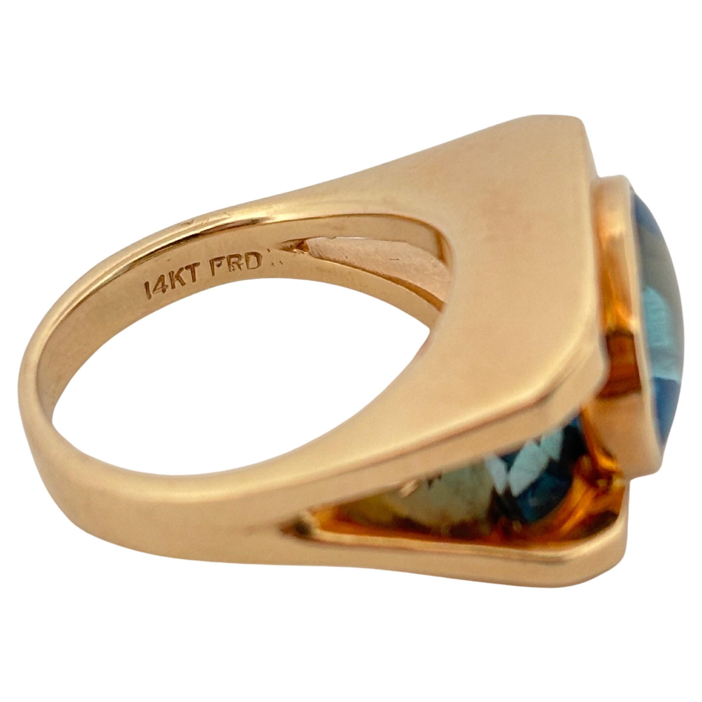 Retro 14K Yellow Gold Oval Cut 4.50ctw Swiss Blue Topaz Ring For Sale