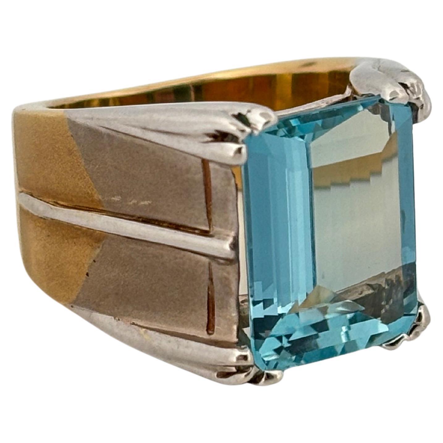 Emerald Cut 5.10ctw Blue Aquamarine 18K White & Yellow Gold Ring For Sale