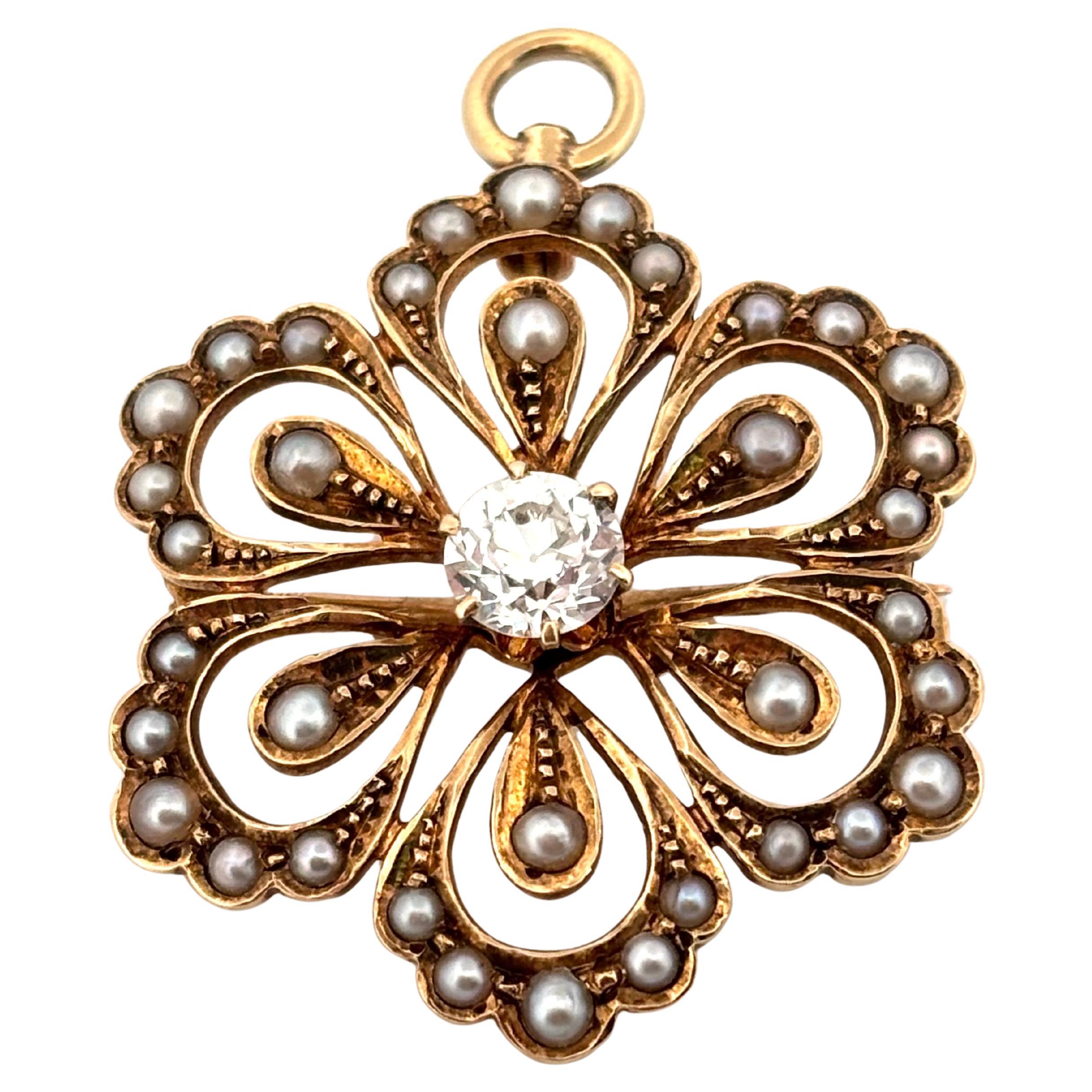 Pendentif en or jaune 14K avec perles et diamants ronds de 0,40 carat de taille européenne ancienne