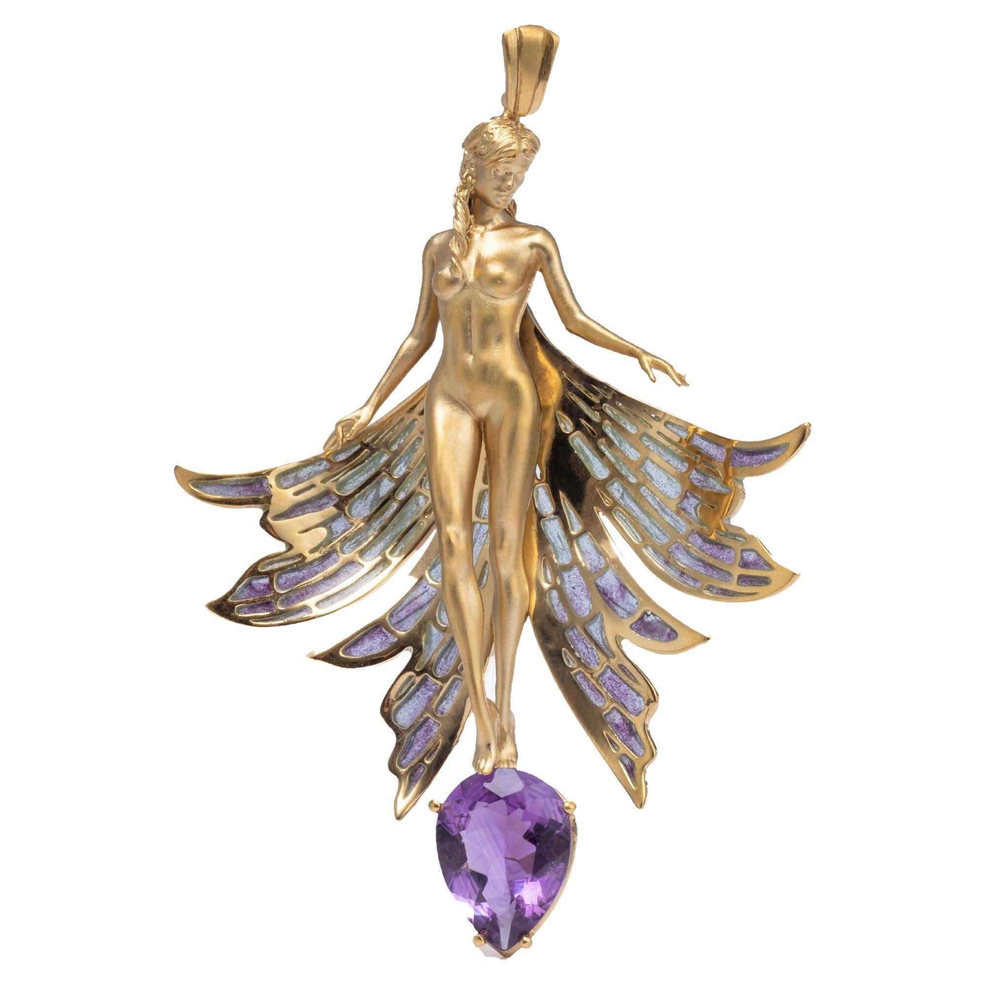 Nymphen-Anhänger mit Plique-à-Jour-Emaille-Flügeln und Amethyst im Angebot