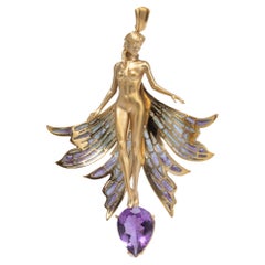 Nymph Pendant with Plique-à-Jour Enamel Wings and Amethyst