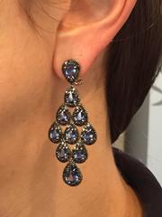 Blue Sapphires and Black Diamonds Chandelier Earrings