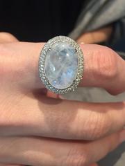 18 Karat Oval Cabochon Moonstone and Pave Diamond Ring