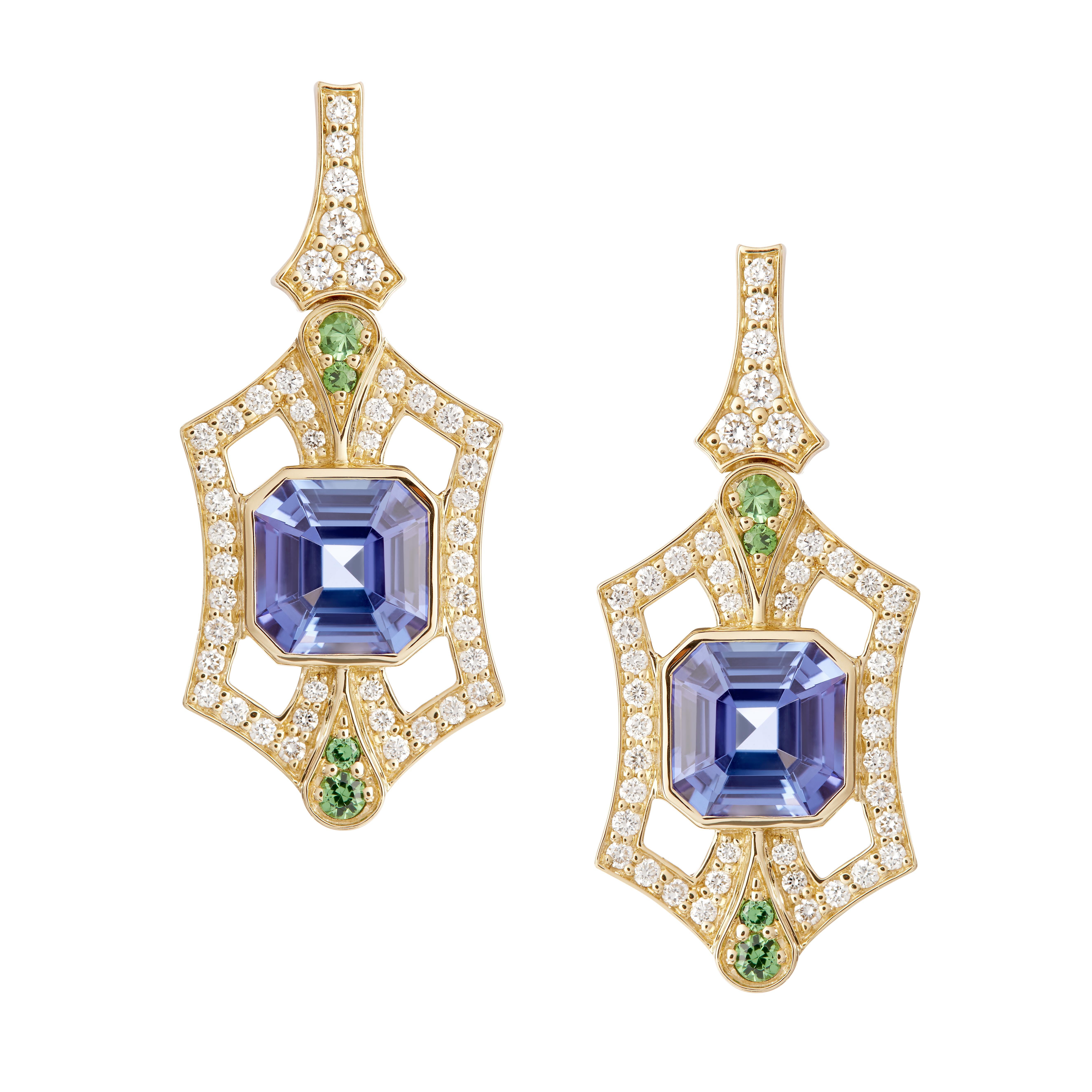 Boucles d'oreilles en or jaune 18 carats Tanzanite Tsavorite Diamant 4.04 carats