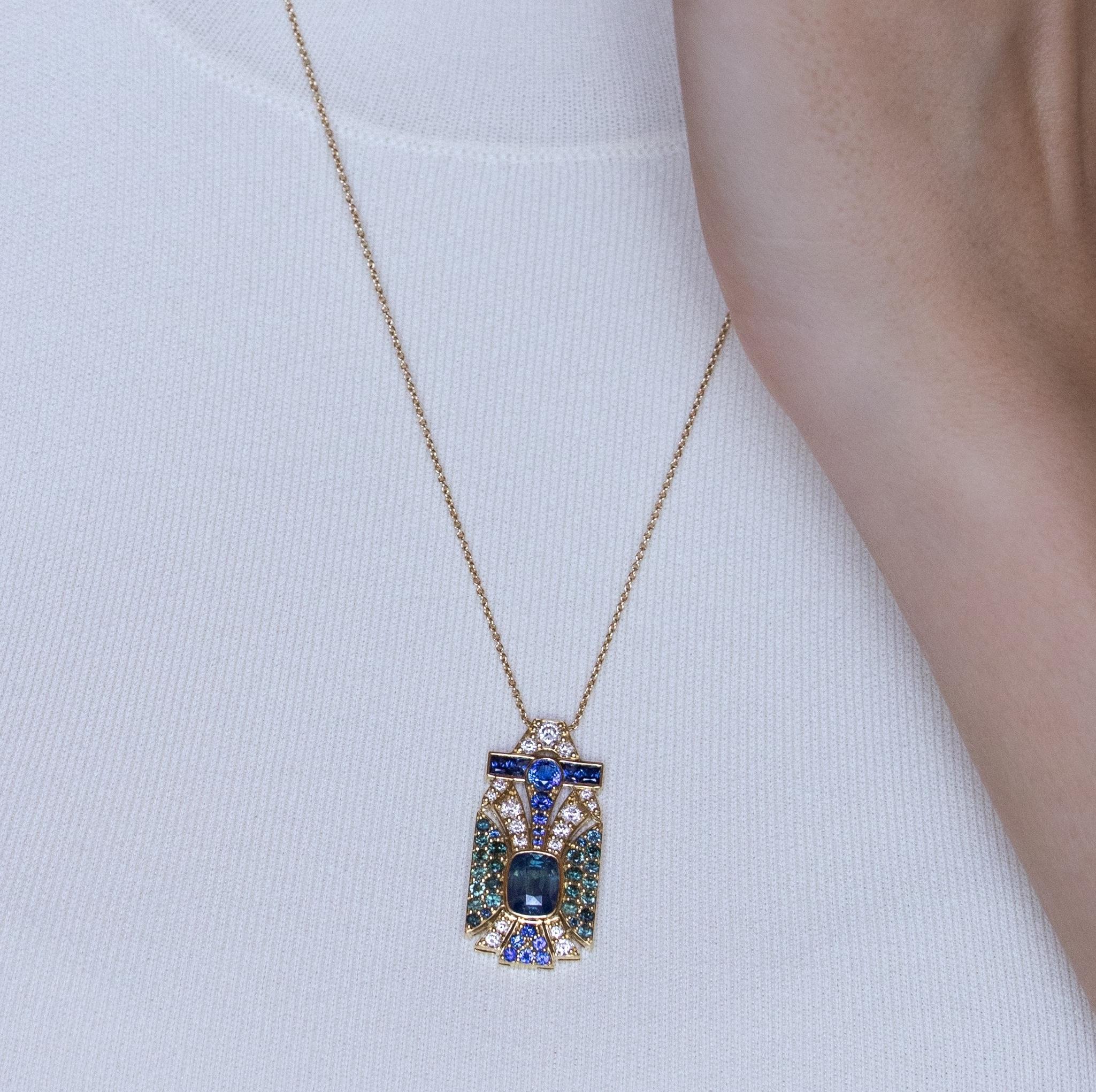 Collana in oro giallo 18K con zaffiro bicolore da 3,11 carati e diamante In condizioni Nuovo in vendita a Los Angeles, US
