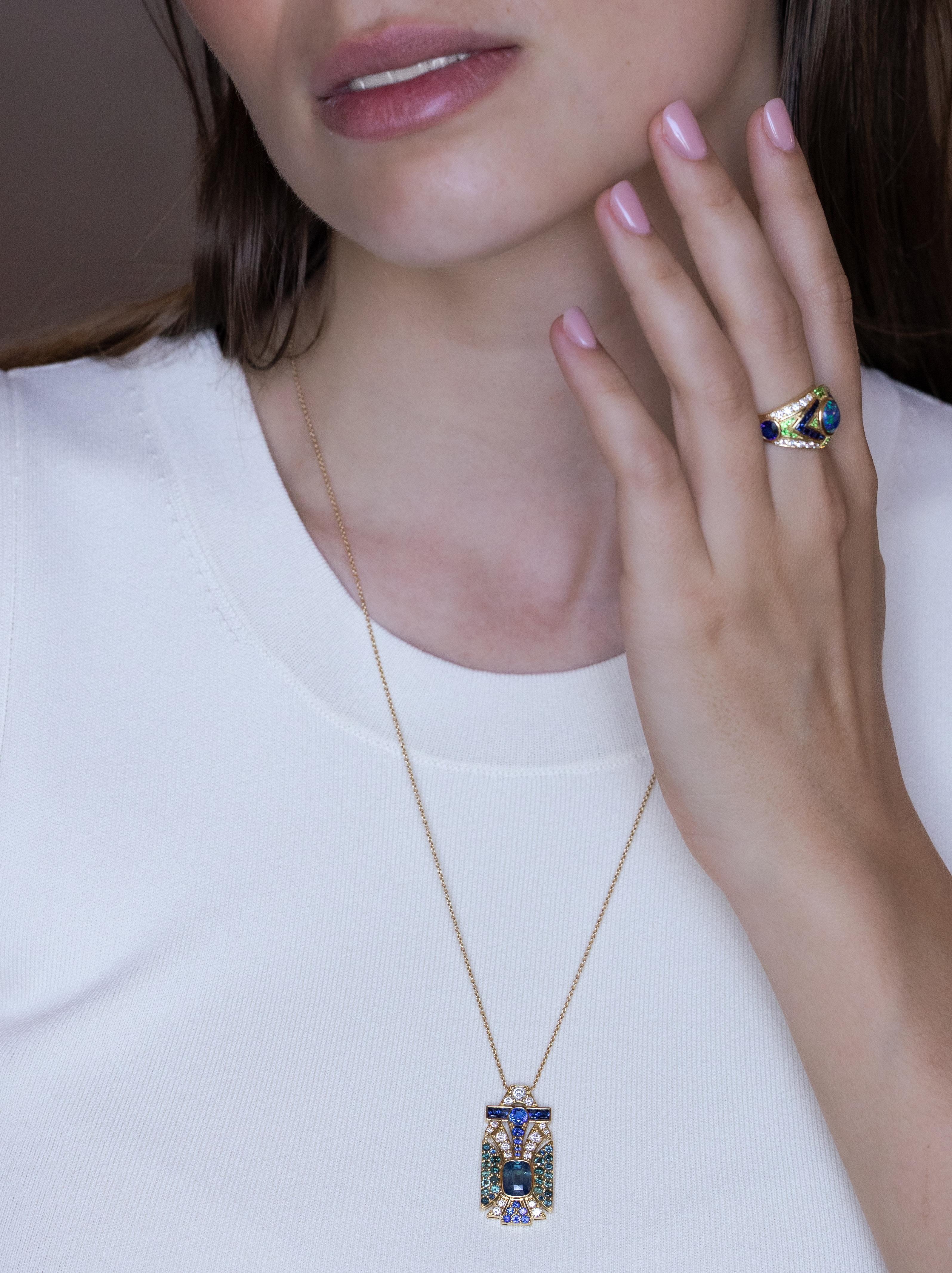 da uomo o donna Collana in oro giallo 18K con zaffiro bicolore da 3,11 carati e diamante in vendita