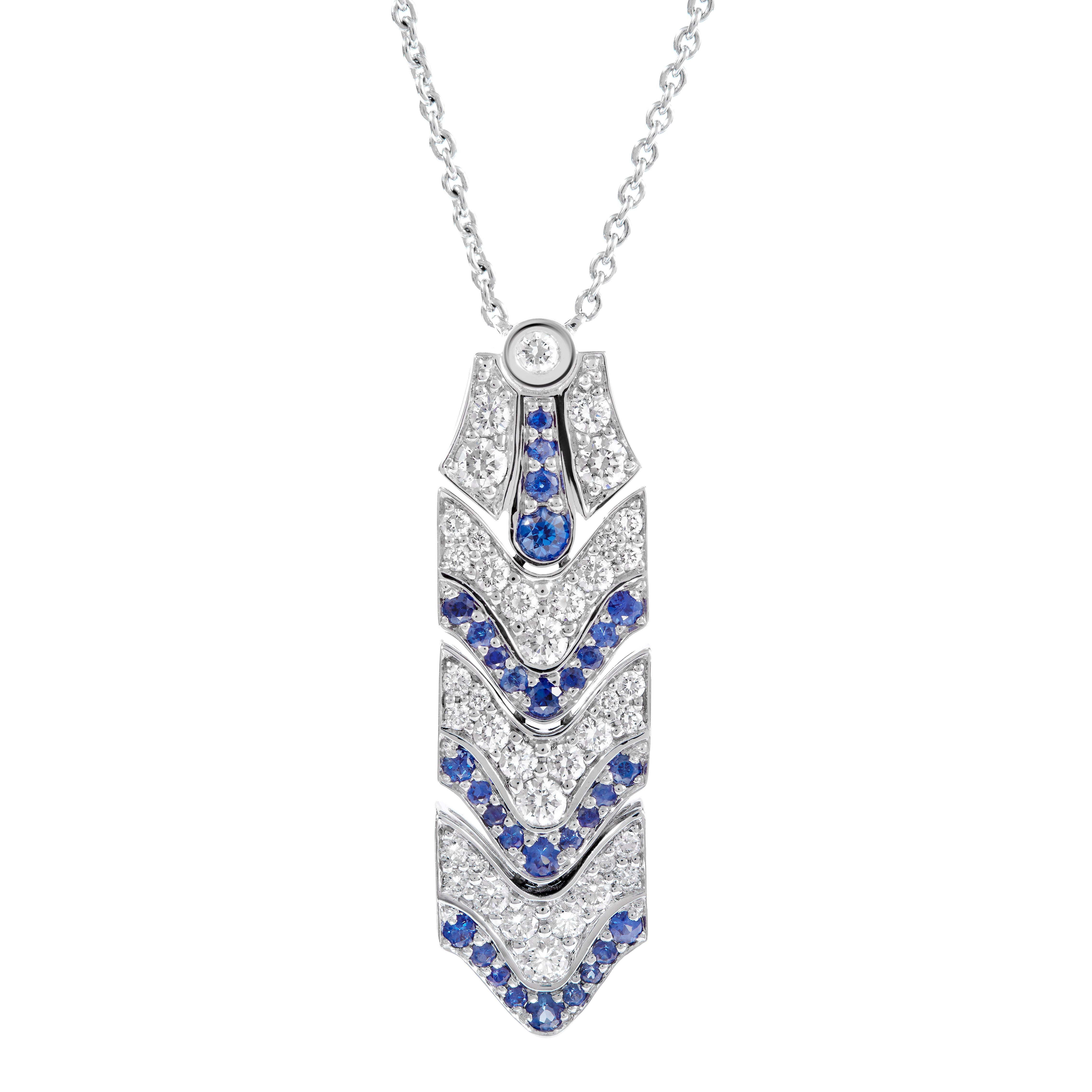 Collana Art Deco con zaffiro blu e diamanti in oro bianco 18 carati