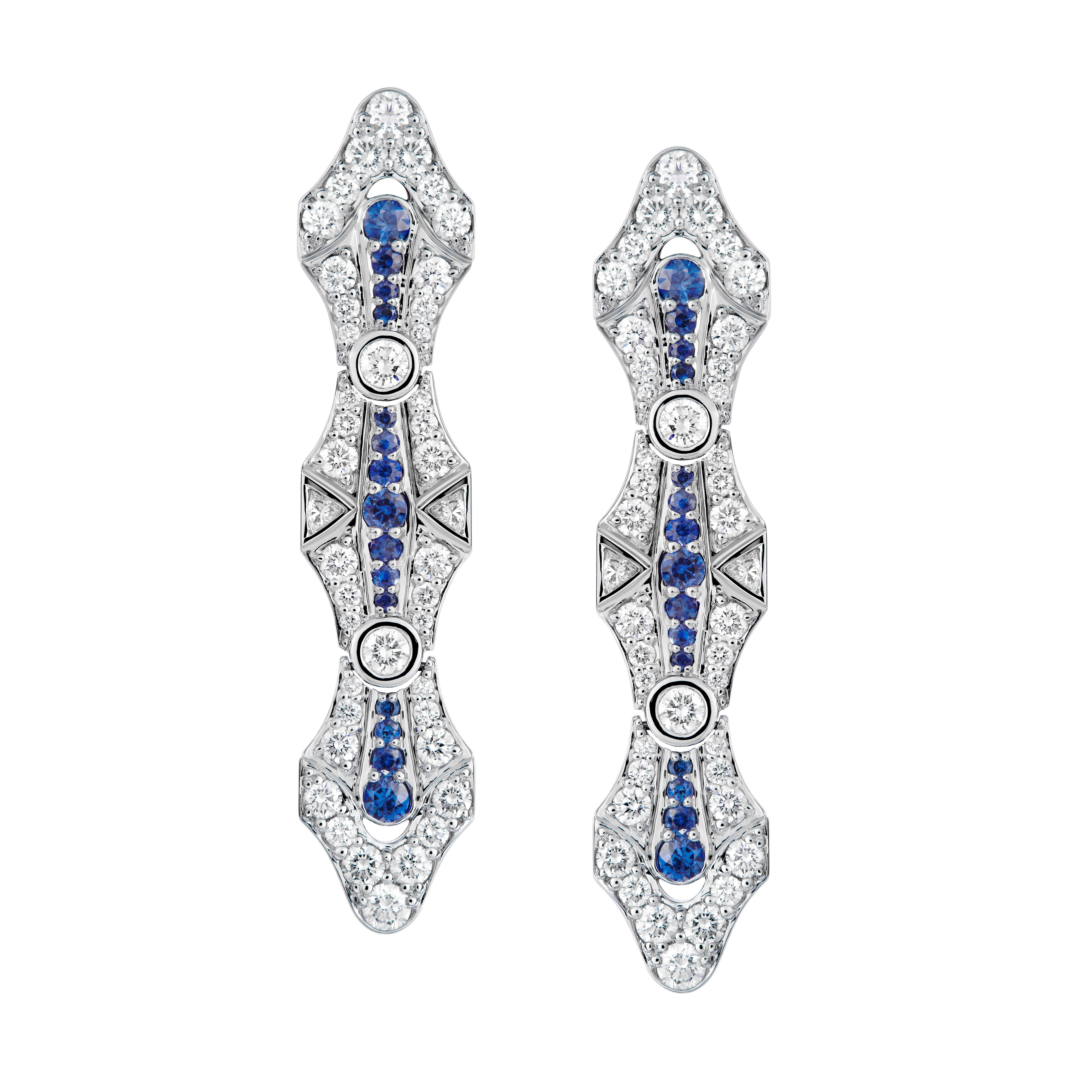Orecchini pendenti in oro bianco 18 carati con zaffiro blu e diamanti Art Deco in vendita