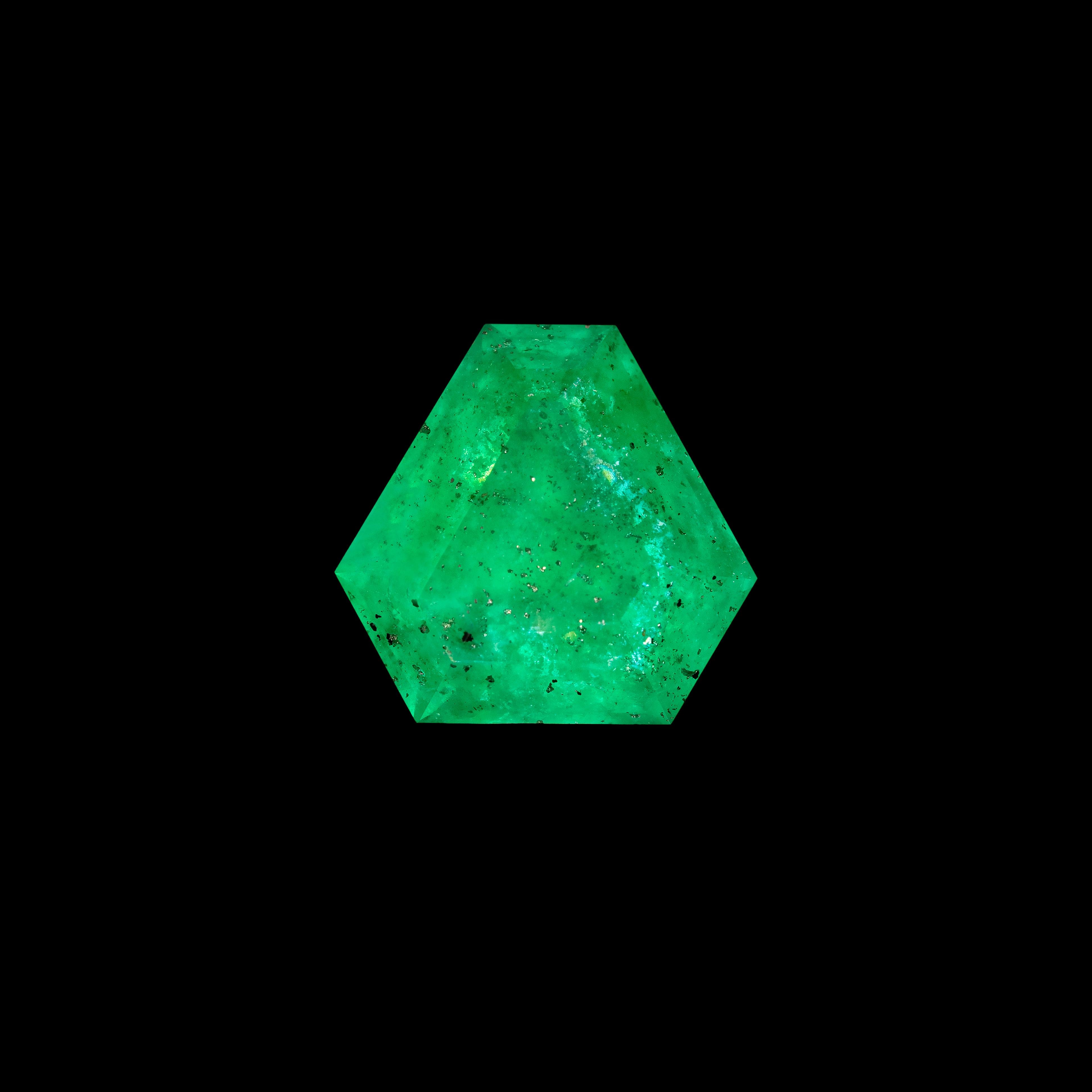 Dieser 3,19-karätige Smaragd ist in einer seltenen modifizierten Schildstufenform geschliffen, die seine breite Tafel und die elegant verjüngten Facetten hervorhebt. Sein leuchtender, grasgrüner Farbton ist gleichmäßig verteilt, und die Kombination