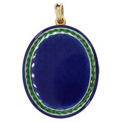 Vintage 18K 750 Yellow Gold Royal Blue & Green Enamel Locket Pendant Necklace