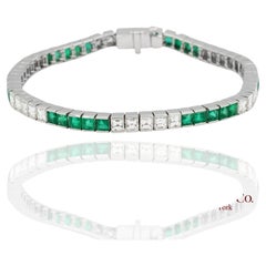Platinum 950 Custom Made Natural Diamond and Emerald Bezel Tennis Bracelet